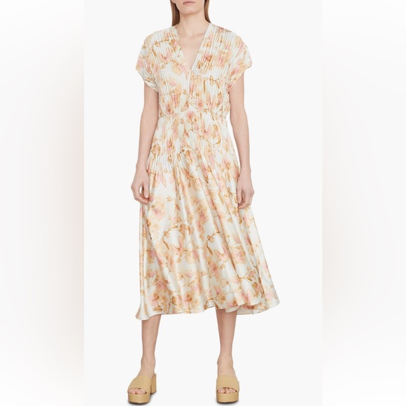 Vince Dresses & Skirts - VINCE FLORAL CRUSHED SATIN DRESS Color soil Midi Dress in Cream and Pink size XL